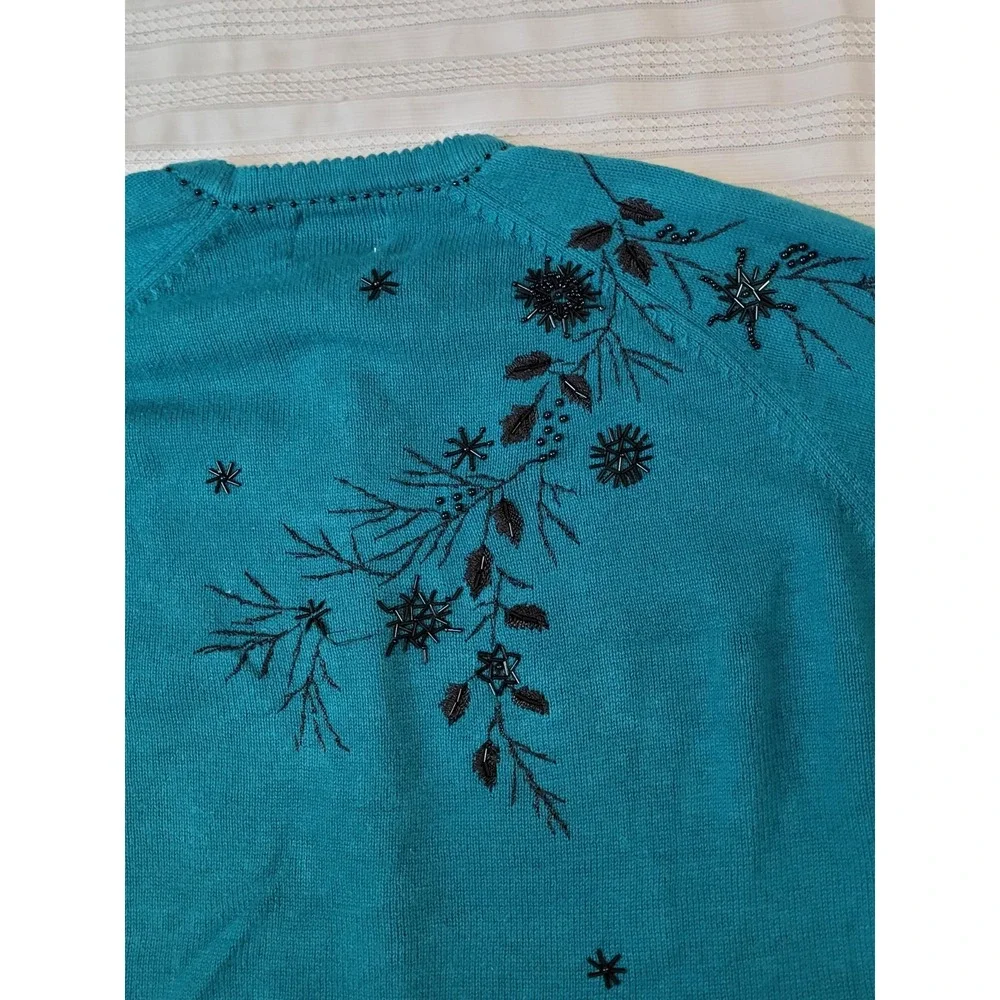 Stitches In Time Cardigan Sweater 2X Dark Turquiose Black Embellished Holiday - Picture 9 of 15
